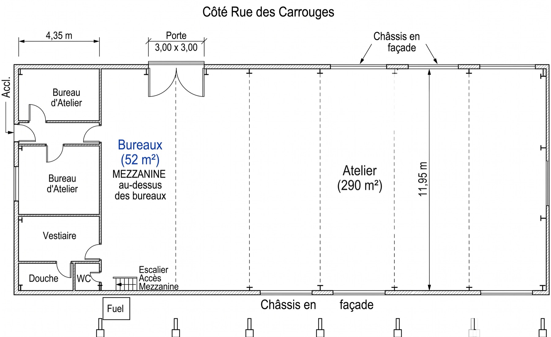 Plan du local : atelier, deux bureaux, vestiaire, douche et mezzanine